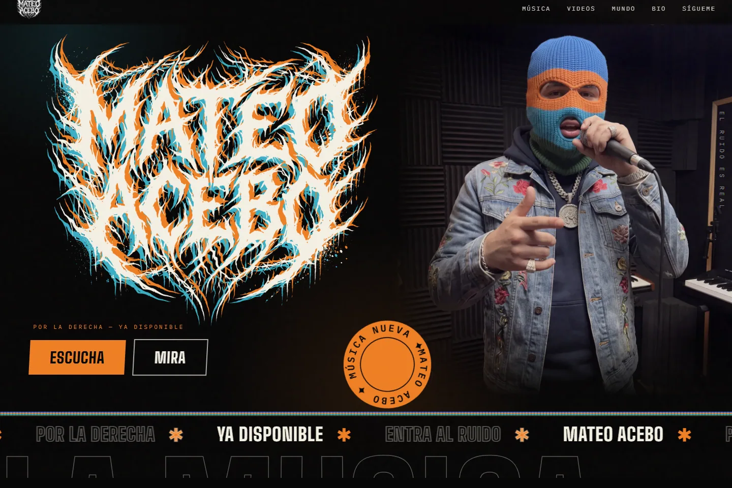 Homepage de Mateo Acebo con logotipo expresivo, retrato enmascarado y promoción de música nueva.
