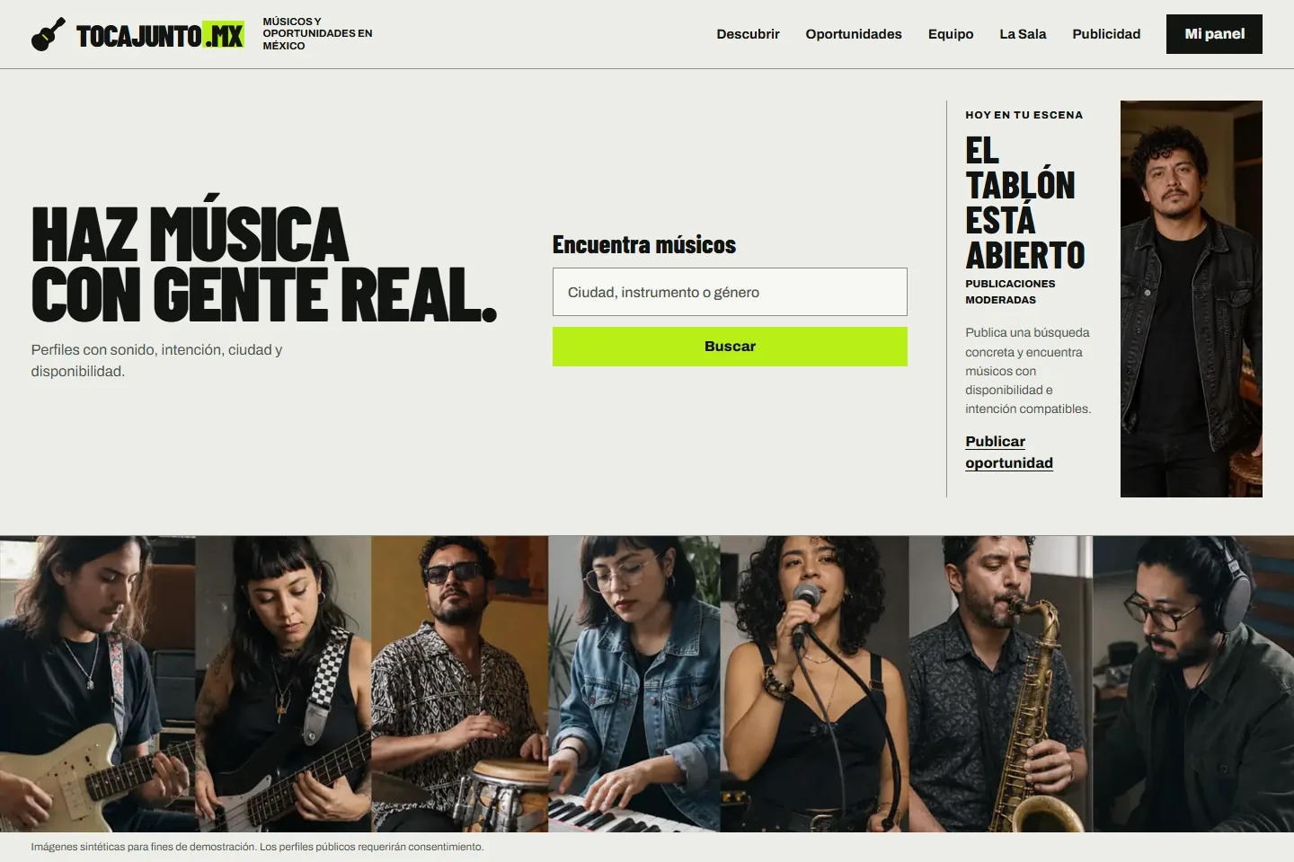 Homepage de TocaJunto con búsqueda de músicos, tablón de oportunidades y retratos de instrumentistas.